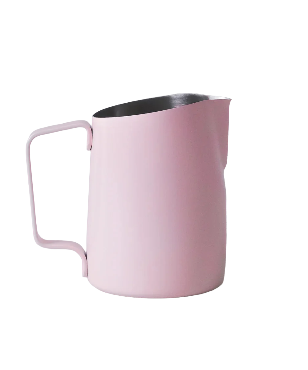 Pink pitcher with a black interior on a white background