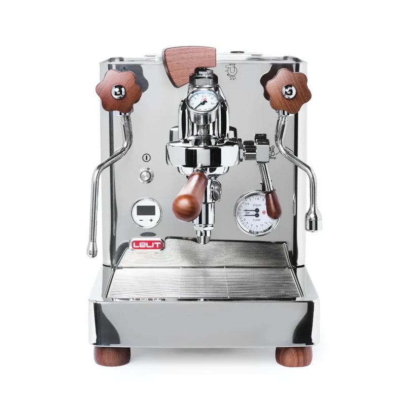 Silver espresso machine with wooden handles on a white background