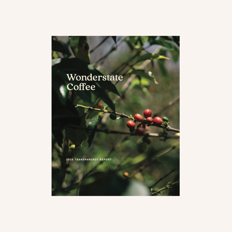 Wonderstate Coffee transparency report cover with coffee cherries on a branch